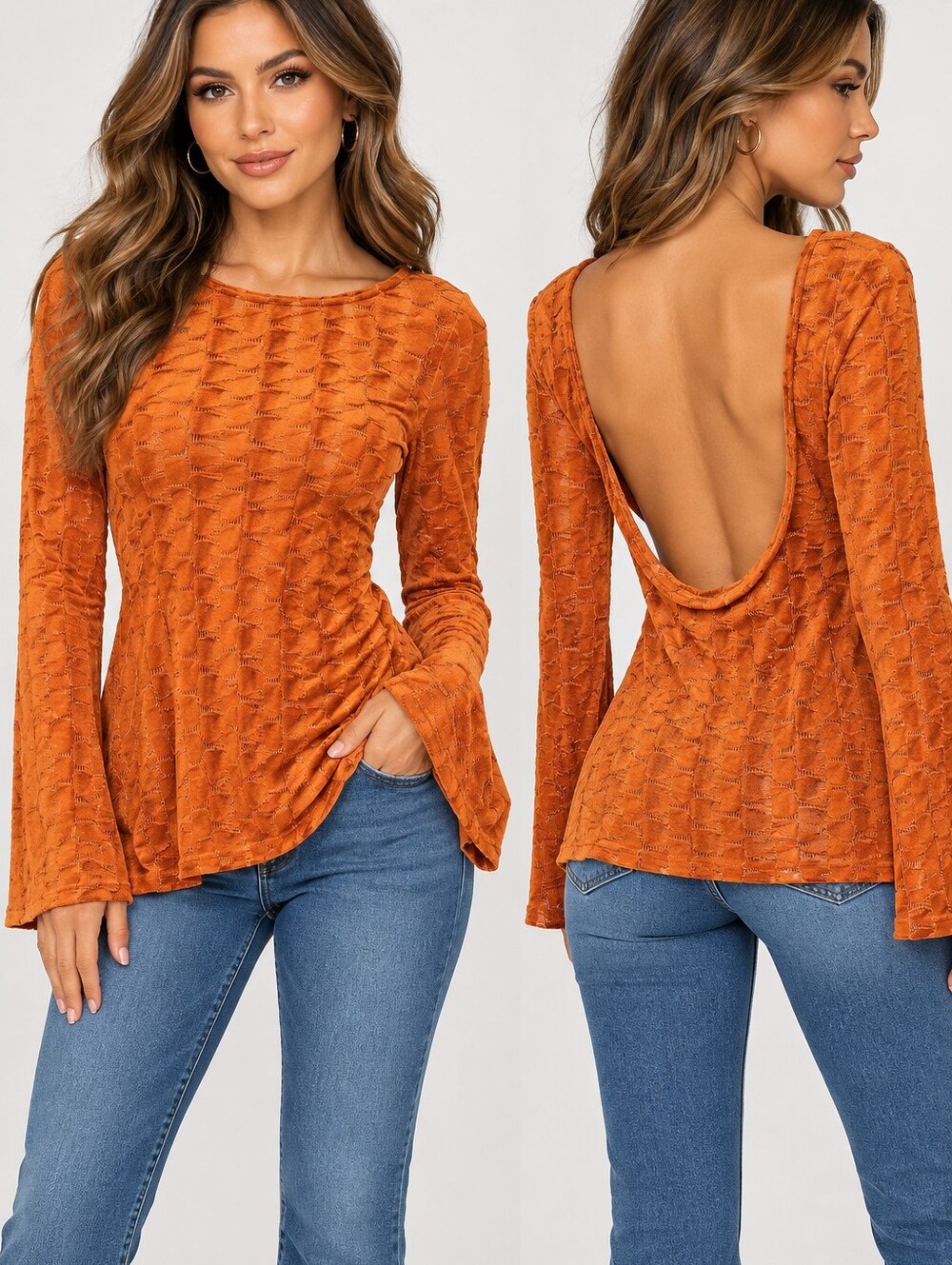 PrettyLittleThing Long Sleeve Textured Top in Orange Size Small NWT Open Back.